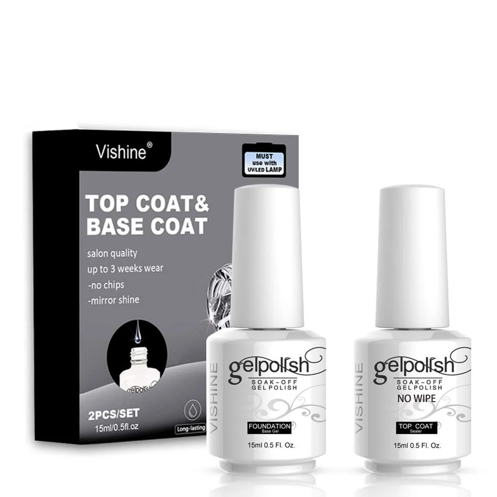 Premium Vishine Long Lasting Soak Off Nail Polish Base Top Coat Set Gel 15ml Minimalist