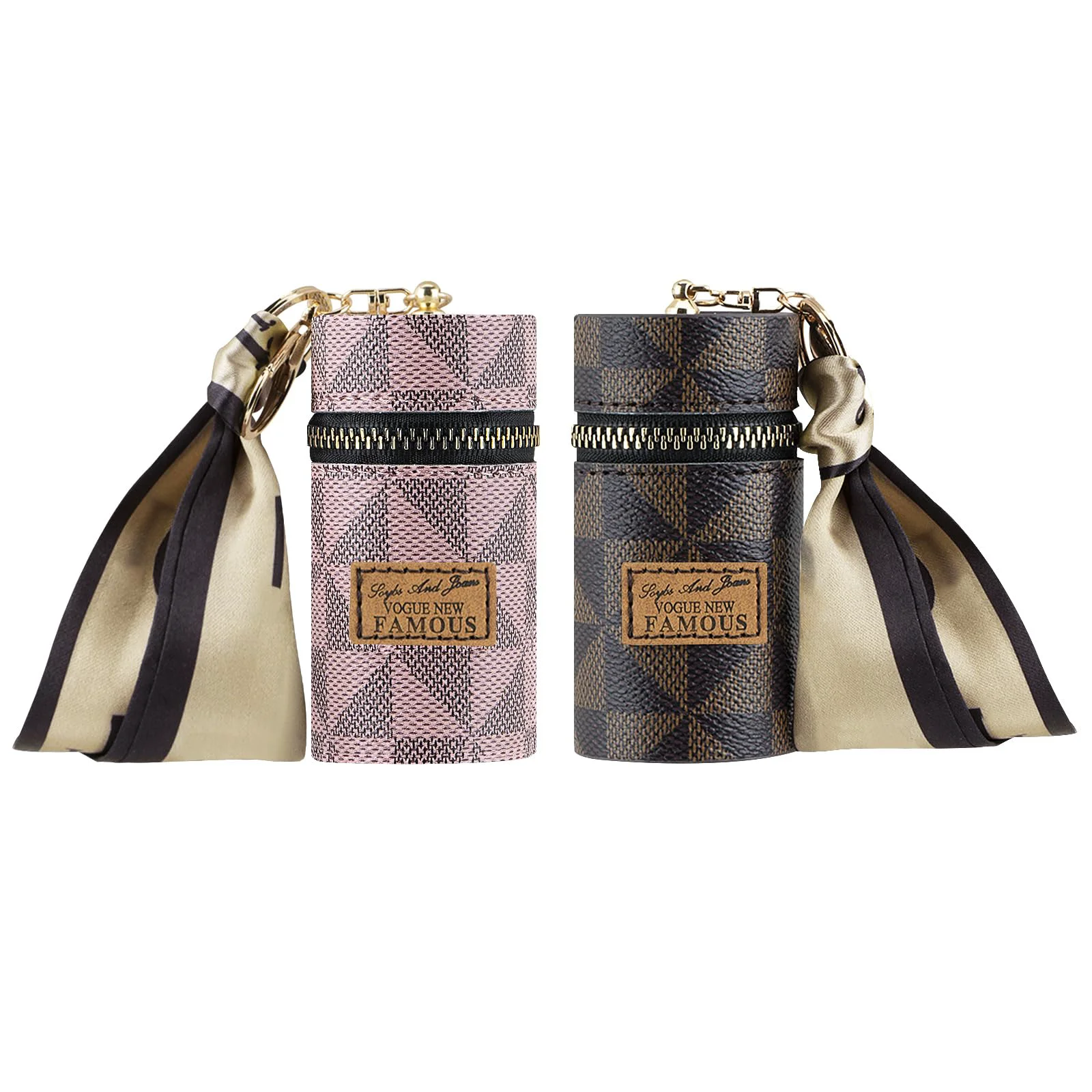 World-Class Adorila 2 Pack Lipstick Organizer Leather Lip Gloss Bag with Keychain Portable Mini Lipstick Case for Purse Brown Pink Casual