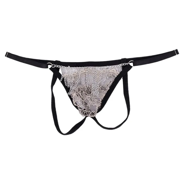 Exclusive Maxbell Underwear Metal Chain Tassels See-Through T-Back Men's G-String Thongs Black Consistent