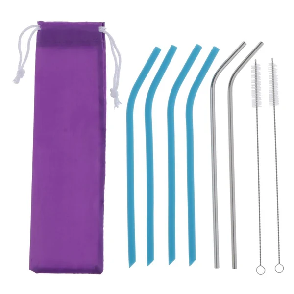 Sustainable Maxbell Bent Drinking Straws Set of 4pcs Blue Silicone 2pcs Stainless and 2pcs Brush Smooth