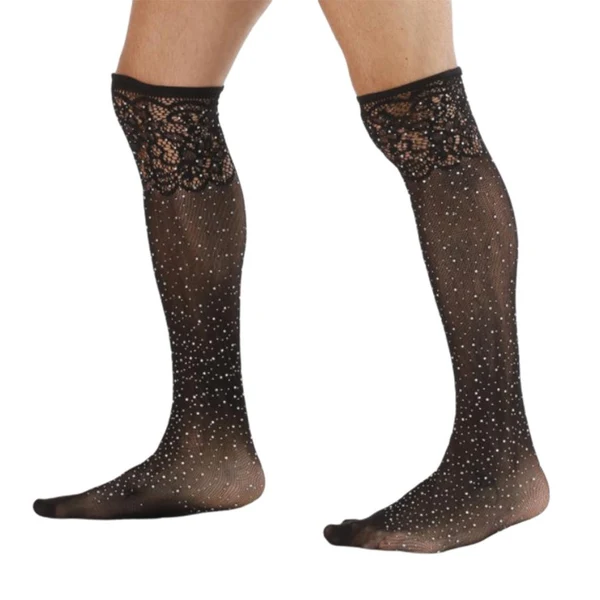 Solid Maxbell Men's Sexy Mesh Floral Lace Anti-slip Knee High Socks Rhinestone Stockings Natural