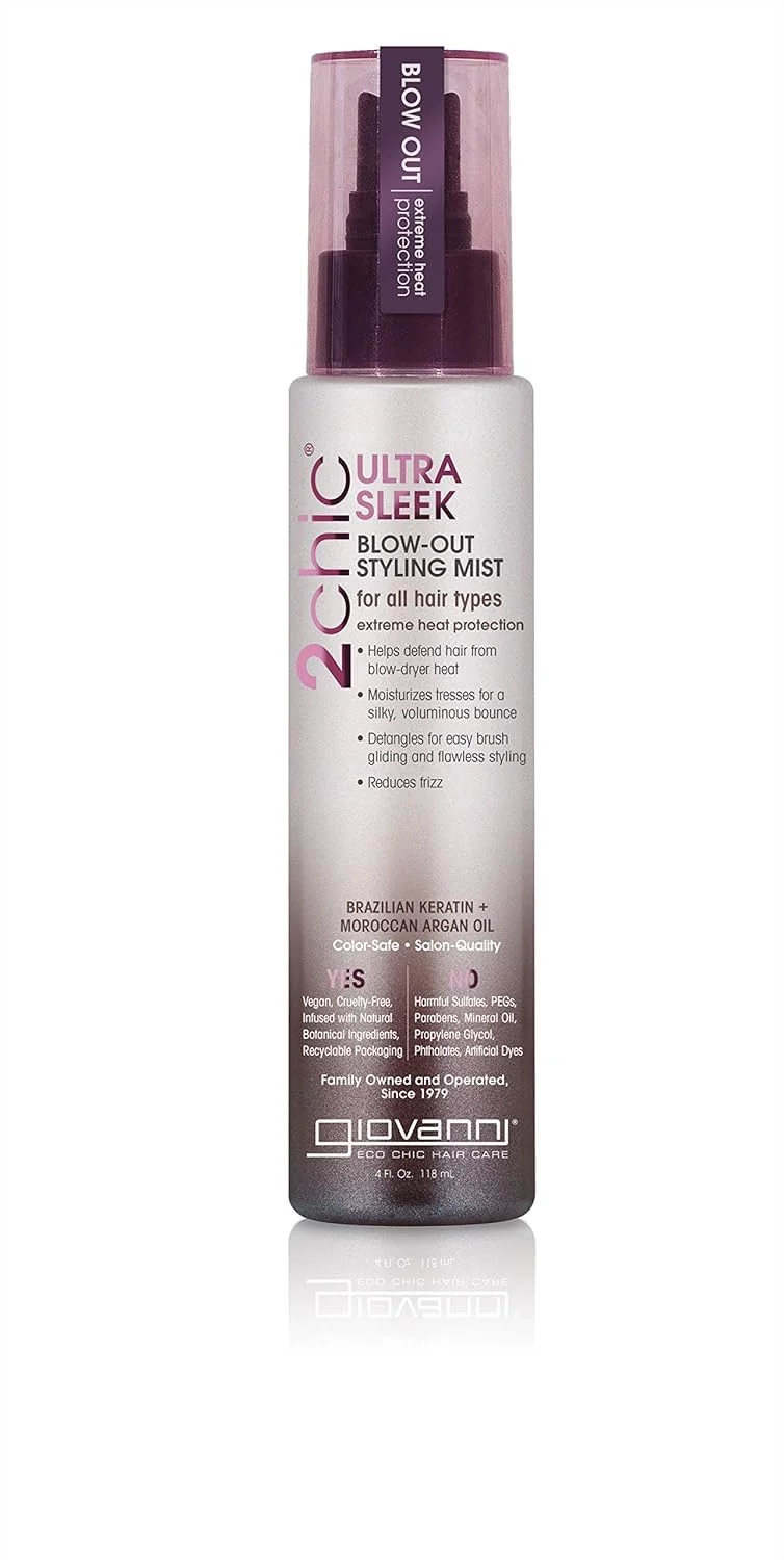 Exclusive GIOVANNI 2chic Ultra-Sleek Blow Out Styling Mist Spray 4 oz. - Moroccan Argan Oil Keratin Heat Protection Formula Color Safe Paraben Top-Quality