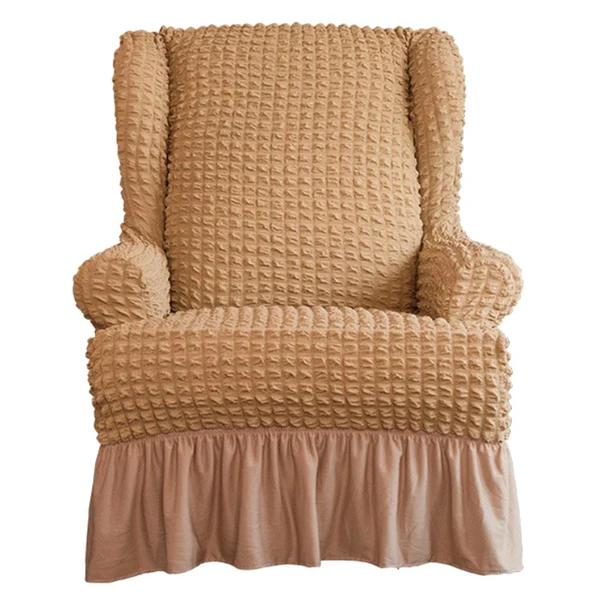 Relaxed Maxbell Universal Seersucker Wingback Armchair Cover w Ruffle Skirts Camel Genuine