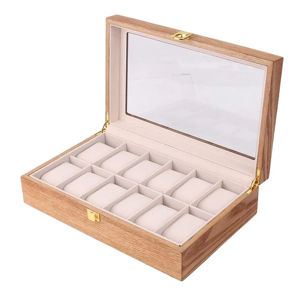 Solid Maxbell Watch Box Wooden Display Case Organizer 12 Slot Fraxinus mandshurica Grain Safe