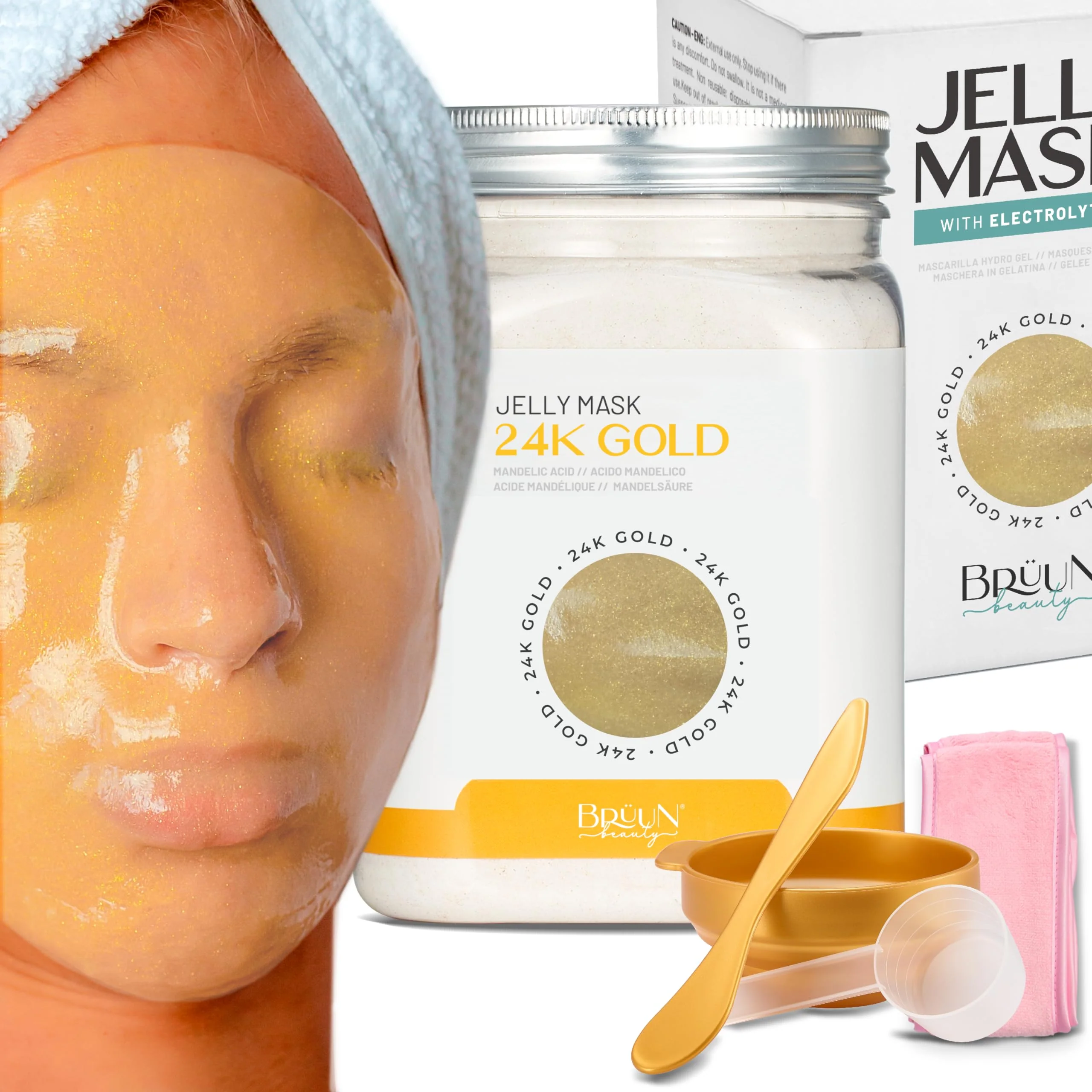 Safe BRÜUN Jelly Mask Jar 24k Gold Mandelic AC AHA Peel-Off Face Care Rubber Mask 23 fl oz Skin Care Moisturizing Gel Mask Jar Spa Set Expertly Made