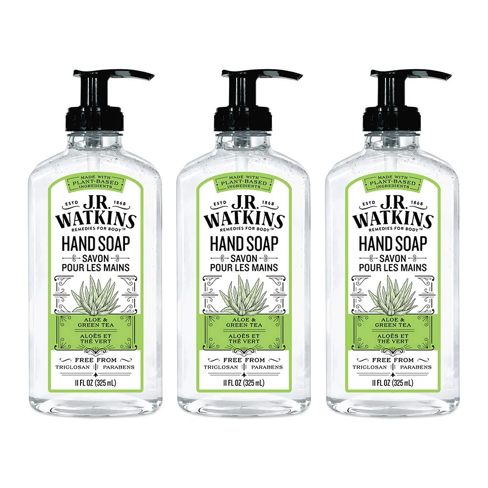 Premium Material JR Watkins Gel Hand Soap Aloe Green Tea 3 Pack Scented Liquid Hand Wash for Bathroom or Kitchen USA Made and Cruelty 11 fl oz Eco-Friendly
