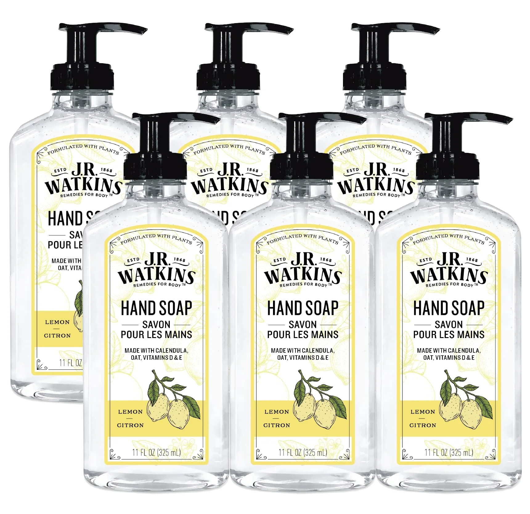 Premium J.R. Watkins Gel Hand Soap Scented Liquid Hand Wash for Bathroom or Kitchen USA Made and Cruelty 11 fl oz Lemon 6 Pack World-Class