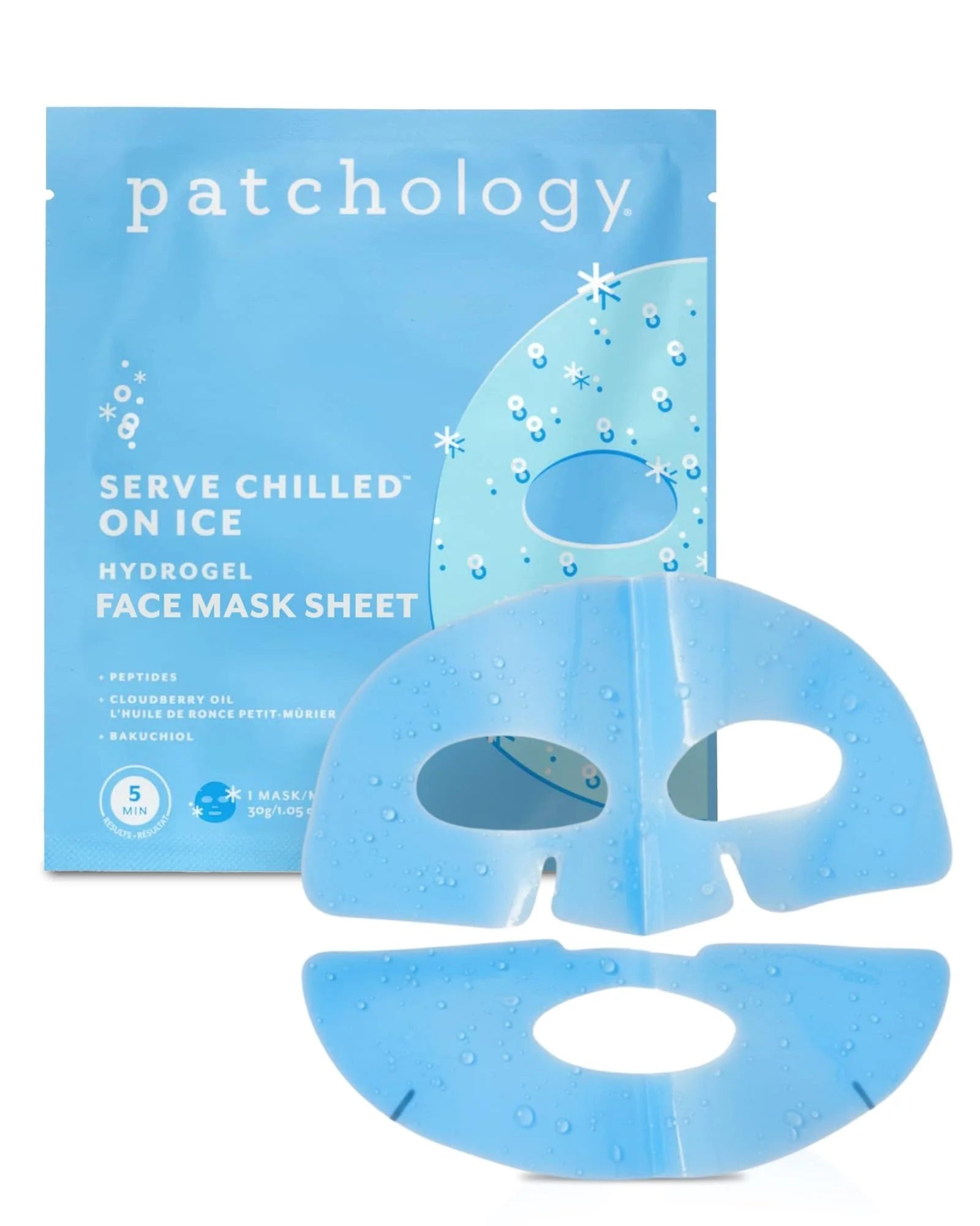 Efficient Patchology Iced Cooling and Firming Hydrogel Masks with Peptides Cloudberry Oil and Bakuchiol. Facial Sheet Mask designed to firm skin and soothe Trusted
