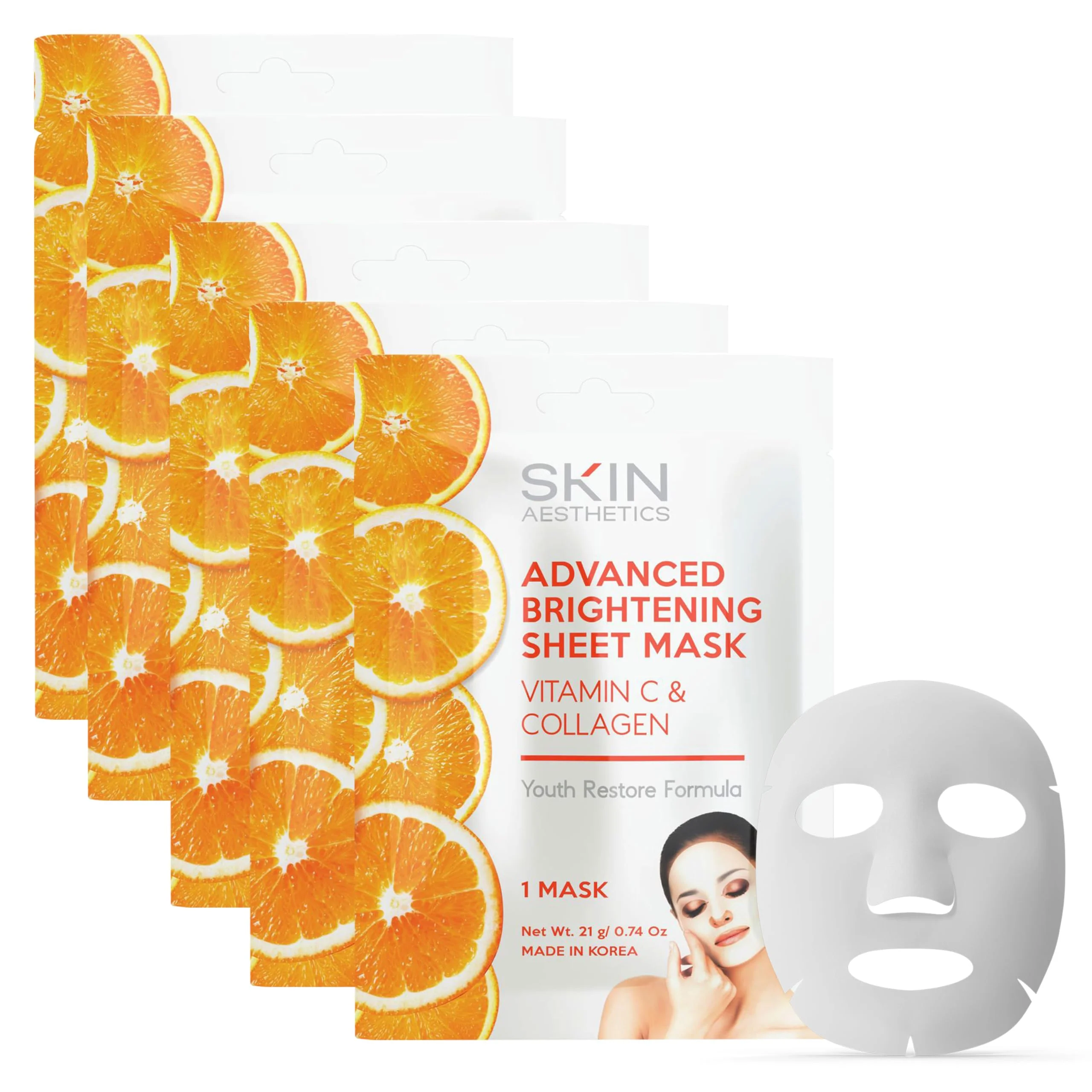 Long-Lasting Skin Aesthetics Vitamin C Collagen Sheet Face Mask - Reduces Wrinkles Age Spots Hydrating - Dermatologist Tested Korean Skincare - Clean Beauty Versatile