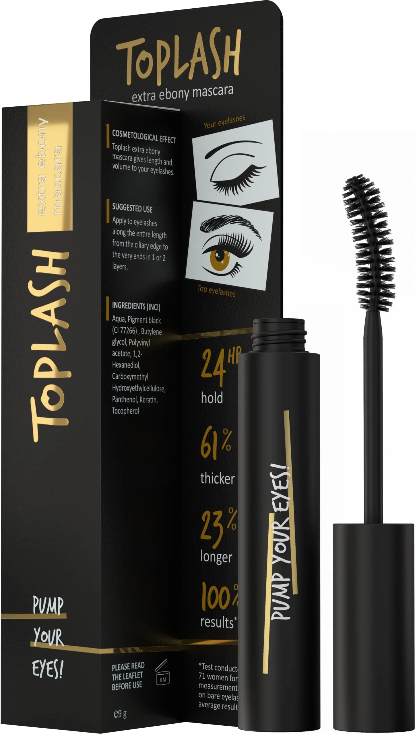 Optimized Toplash Extra Ebony Mascara with Keratin Panthenol and Vitamin E Safe