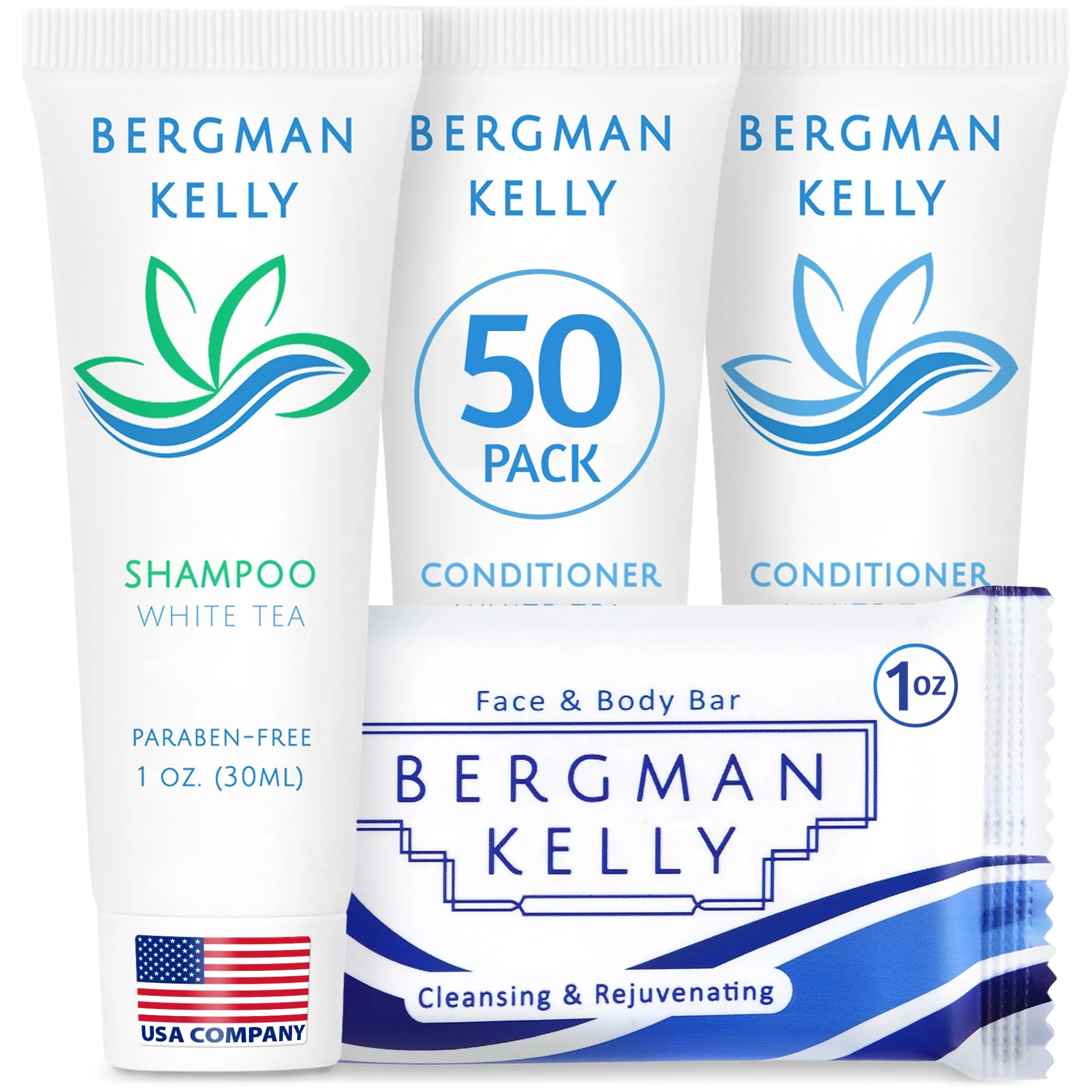 Proven BERGMAN KELLY Rectangular Hotel Soap Bars Shampoo Conditioner 3-Piece Set 1 oz each 150 pc White Tea Delight Guests with Revitalizing High-Performance