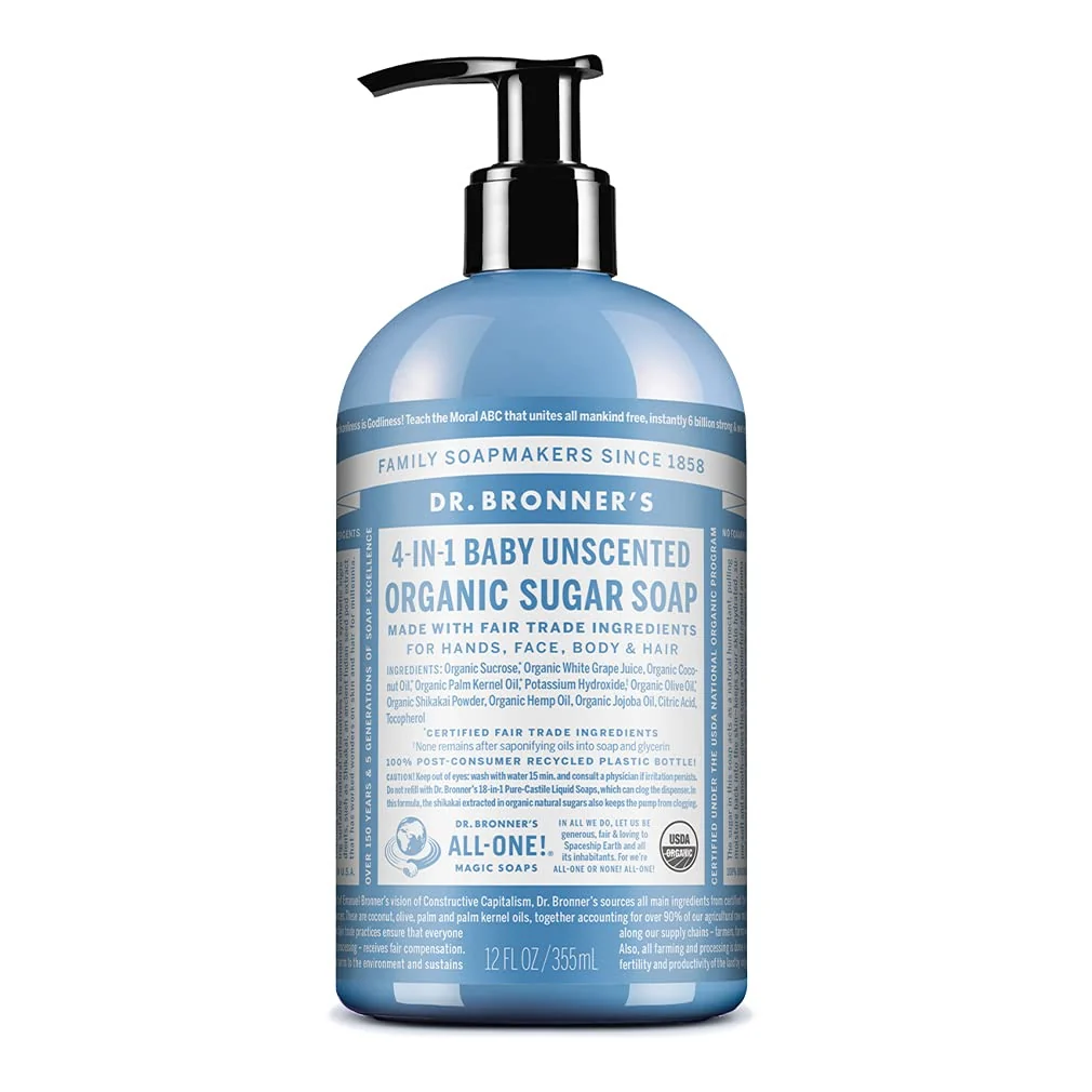 Exceptional Dr. Bronner's Organic Sugar Soap Baby Unscented 12 Ounce - Made with Regenerative Organic Oils Sugar Shikakai Powder 4-in-1 Use Breathable