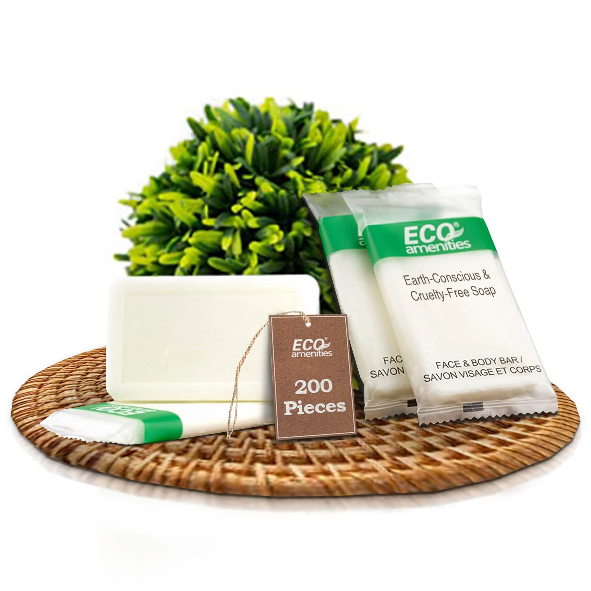 Eco-Friendly ECO amenities Bar Soap Pack - 200 Count 1 oz Travel Body Bars - Individually Wrapped Hotel Guest Soaps for Travel Hygiene - Light Green Tea Scent Reusable