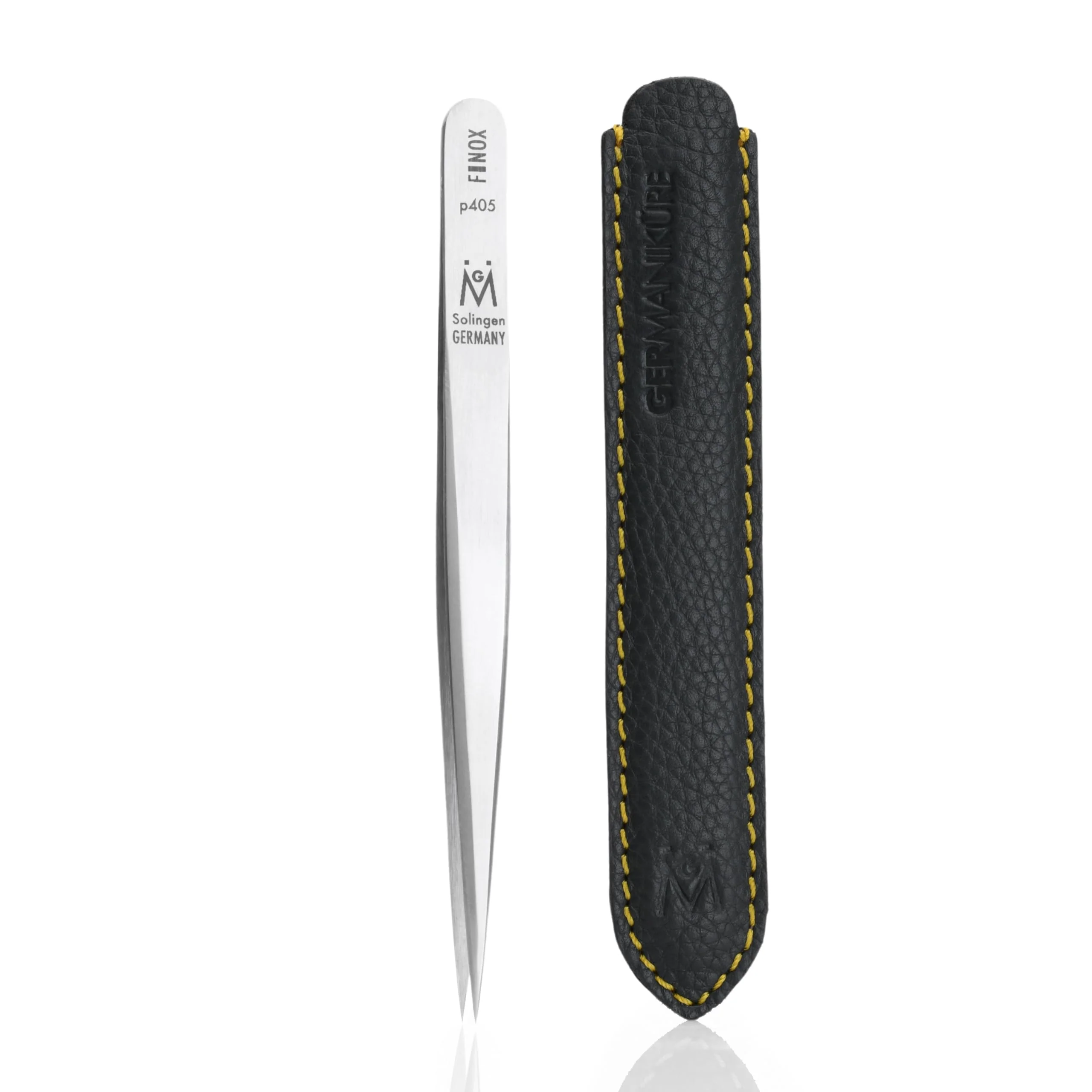 Original GERMANIKURE Professional Wide Grip Pointed Tweezers - FINOX Stainless Steel Sharp Professional Tweezers in Leather Case - Easy to Use - Ethically Made Pure