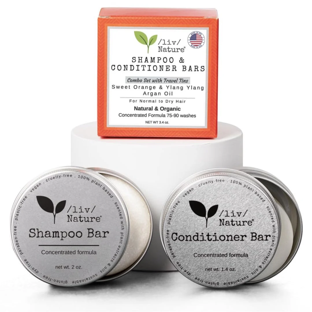 Relaxed liv Nature Shampoo Bar and Conditioner Set with Travel Case Volume and Moisture for Dry Hair Orange Ylang Ylang Argan Oil Made in USA 2-pk Soft