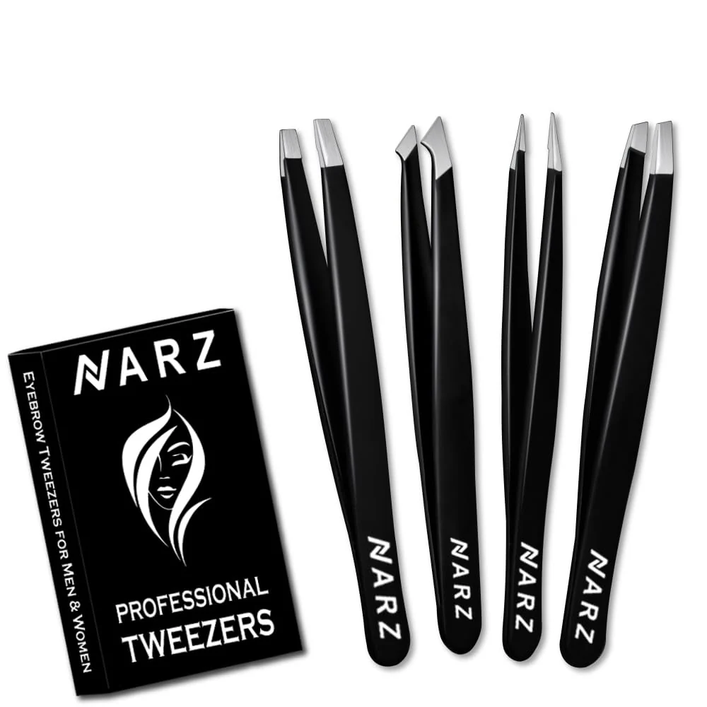 Practical NARZ 4Pcs Professional Tweezers for Women Facial Hair Stainless Steel Precision Tweezers for Ingrown Hair Eyebrow Tweezer for Men Women Black Set Genuine