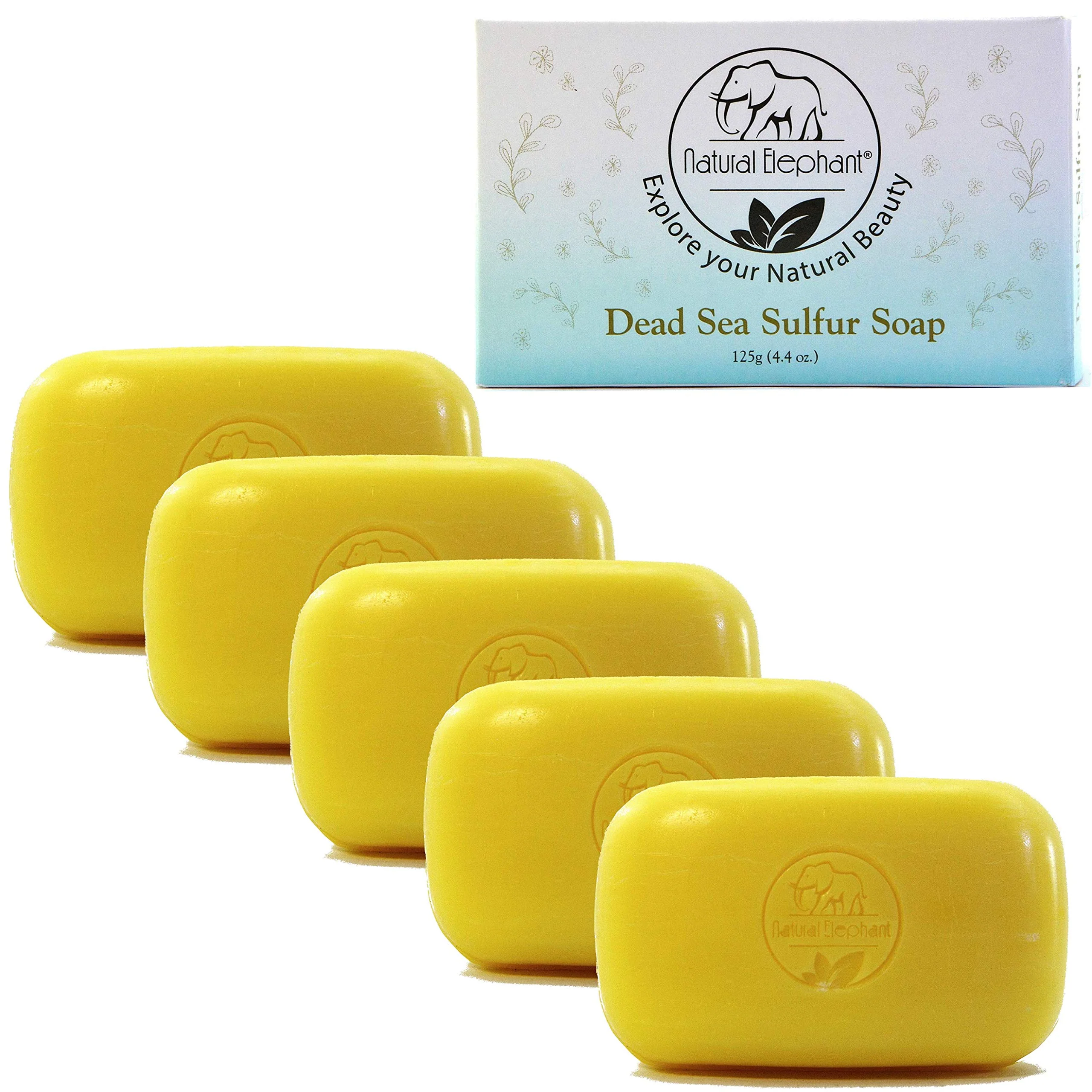 Fine Natural Elephant Dead Sea Sulfur Soap 4.4 oz with Dead Sea Salt Aloe Vera Sulphur Face and Body Bar for All Skin Types 5 Pack 22 oz Total Expertly Made