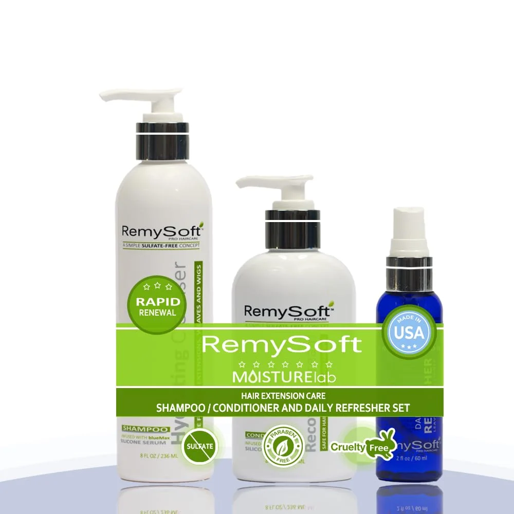 Fine Crafted RemySoft Moisturelab Rapid Renewal System - Safe for Hair Extensions Weaves and Wigs - Salon Formula Shampoo Conditioner Leave-In Conditioner Prestigious
