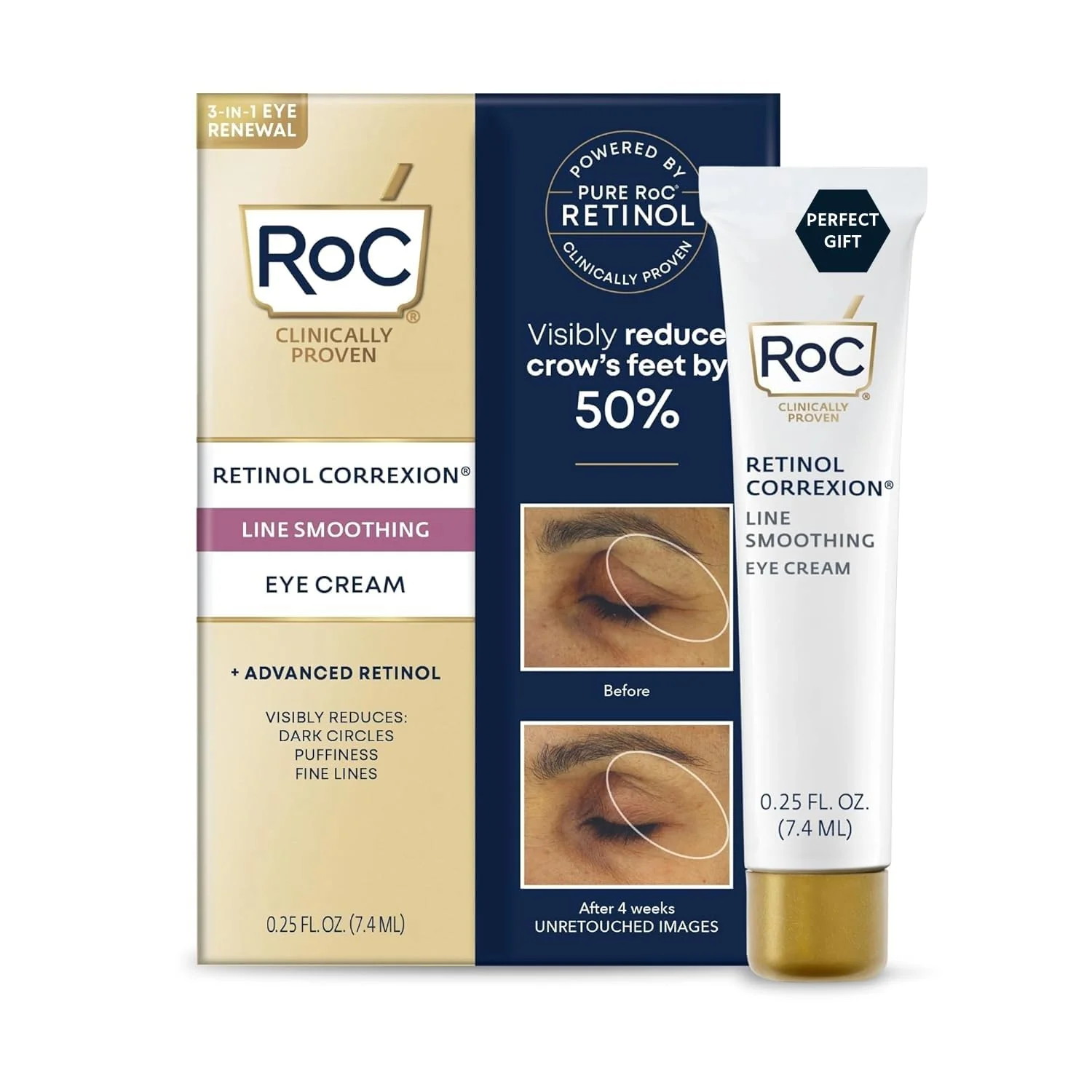Trendy RoC Retinol Correxion Eye Cream Mini for Dark Circles Puffiness Daily Wrinkle Cream Anti Aging Line Smoothing Skin Care Treatment .25 Ounces Advanced