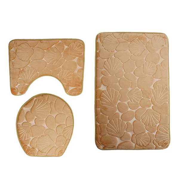 Fashionable Max 3 Pieces Non-slip Bath Mat Contour Rug Toilet Lid Cover Shell-Camel Pure