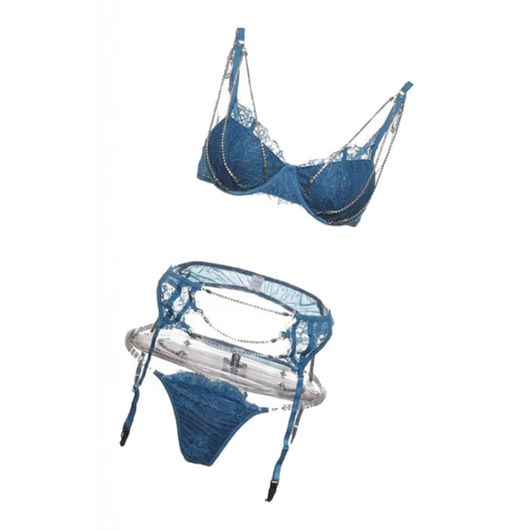 Elite Max Crystal Chain Sexy Lingerie Women 3 Piece Lace Bodysuit Bra and Panty Set S Stylish