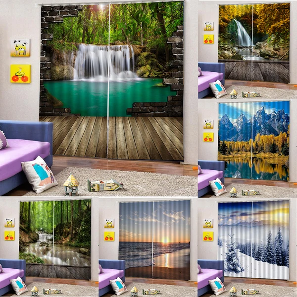 Secure Max 2 Panels Digital 3D Printing Blackout Window Curtains Waterfall Solid