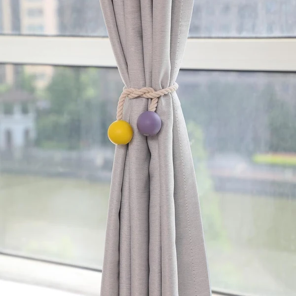 Certified Max 1 Pair Magnetic Wooden Beads Window Curtain Tie Back Yellow Purple Natural