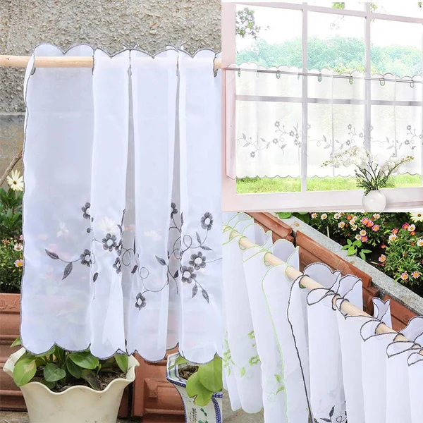 Minimalist Max Embroidered Window Tiers Kitchen Cafe Half Curtains White 45x90cm Soft