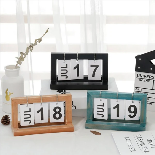 Premium Max Practical Wooden Flip Chart Perpetual Calendar DIY Desktop Calendar Blue Detailed