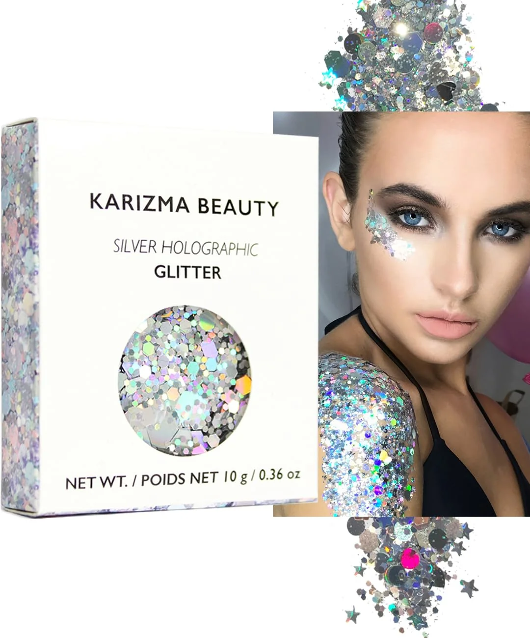 Exclusive KARIZMA Holographic Silver Body Glitter. 10g Chunky Face Hair Eye and Body for Women. Rave Festival Accessories Cosmetic Makeup. Loose Set World-Class