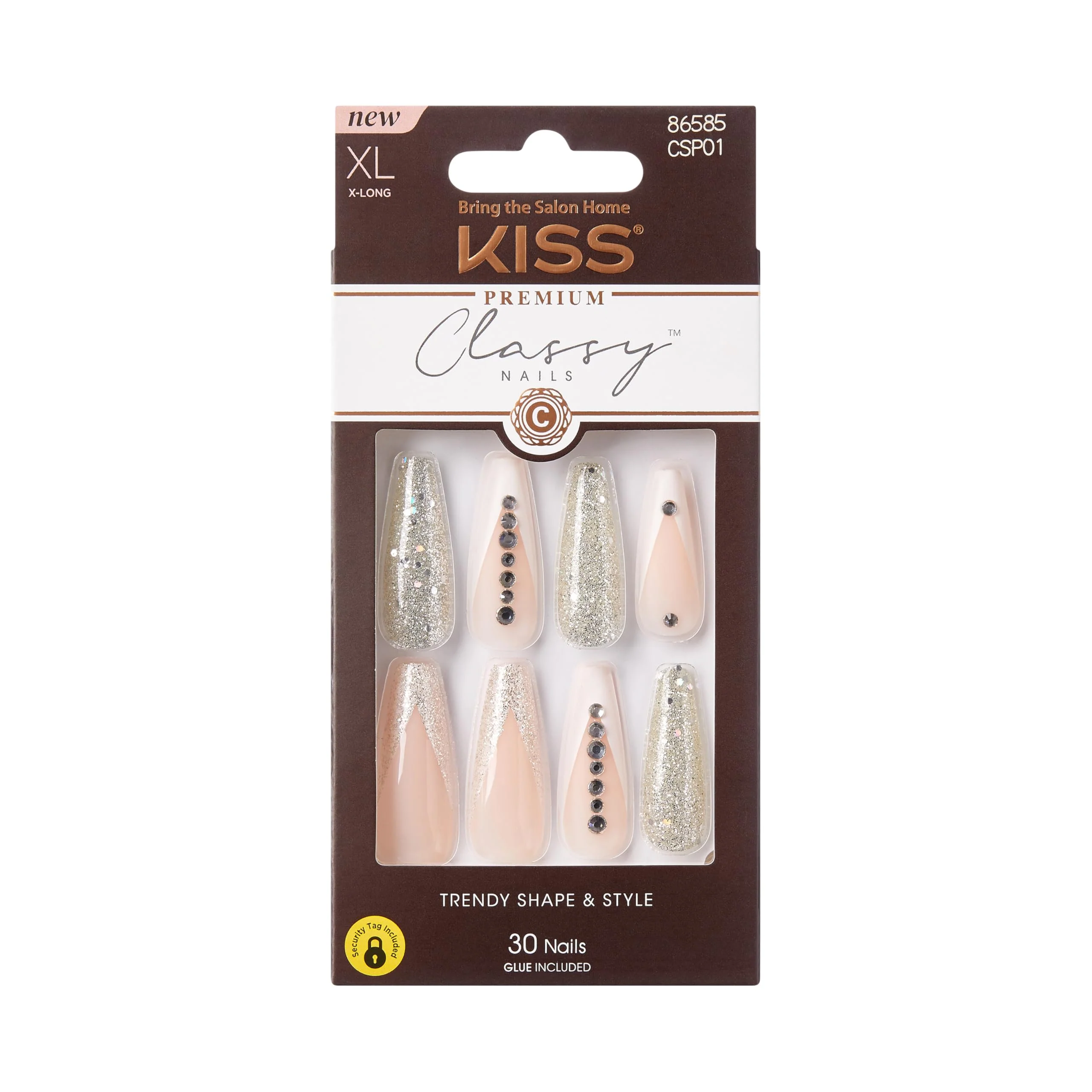 Secure KISS Classy Press On Nails Nail glue included 'Sophisticated' Silver Extra-Long Size Coffin Shape Includes 30 Nails 2g glue 1 Manicure Stick Specialty