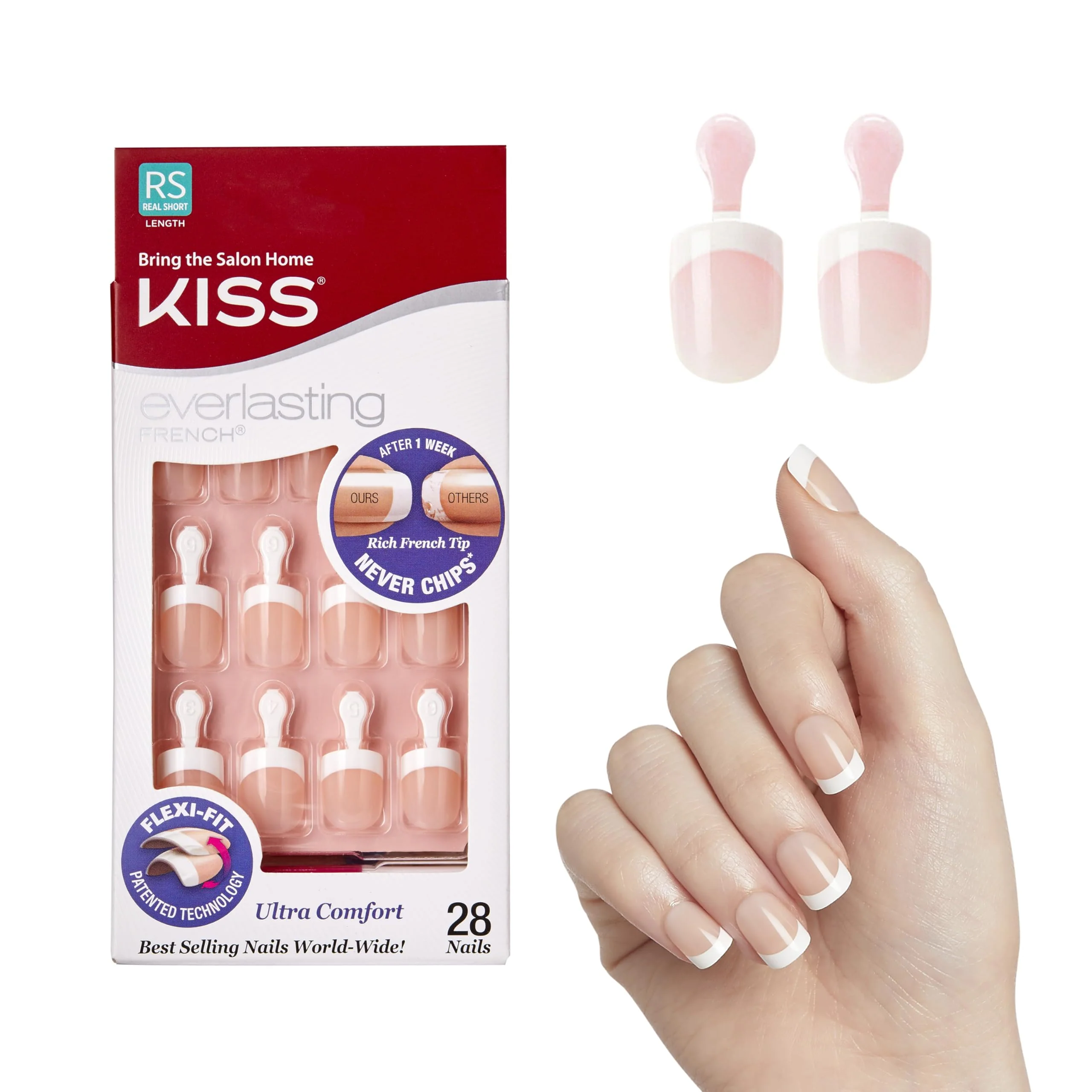 Elegant Kiss Everlasting French Nail Manicure Chip- with Flexi-Fit Technology Short Endless Nail Kit with Pink Nail Glue Net Wt. 2 g Pure