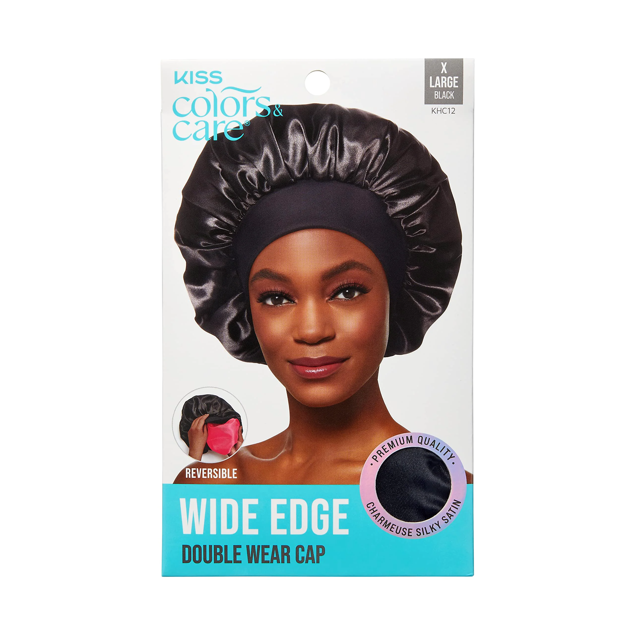 Clean KISS Colors Care Silky Satin Wide Edge Double Wear Cap XL Black Double Sided Reversible Design Premium Charmeuse Fabric Protects styles Enhanced