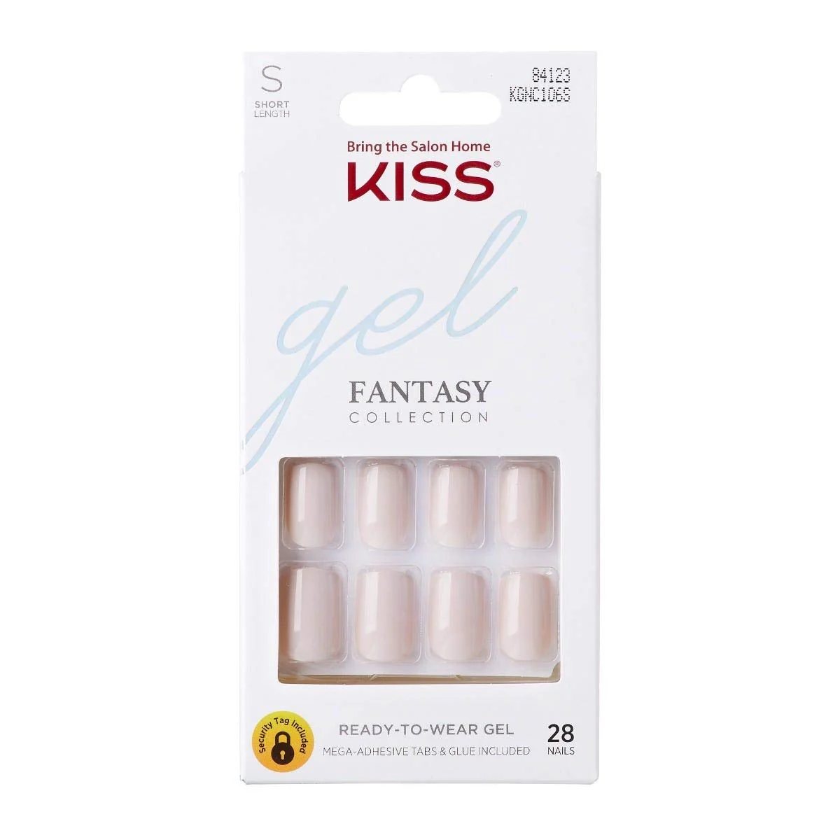 Fashionable KISS Gel Fantasy Ready-to-Wear Press-On Gel Nails Here I Am Short White Nail Kit with 24 Mega Adhesive Tabs Pink Gel Glue Manicure Stick Mini Smooth