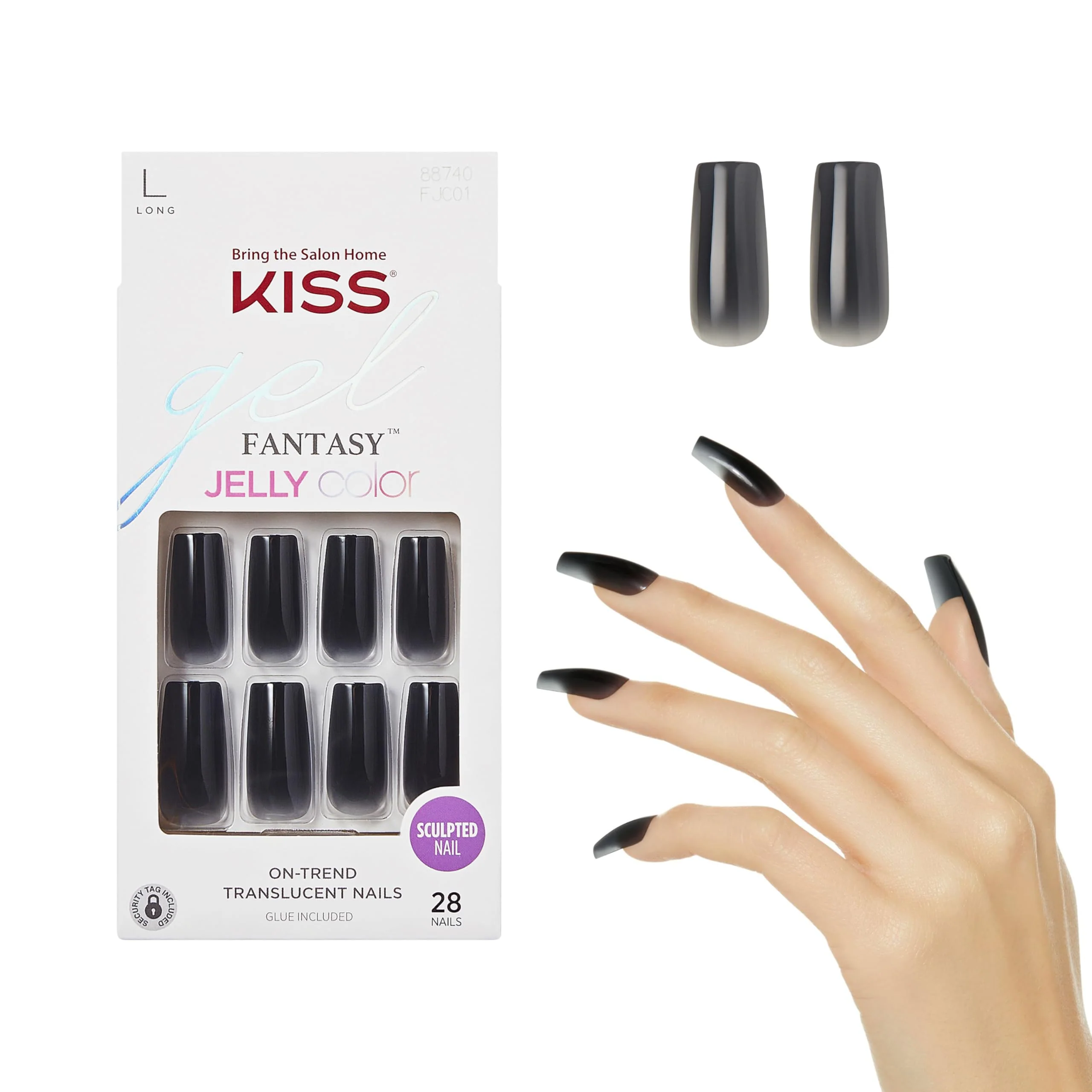 Crafted KISS Gel Fantasy Press On Nails Nail glue included 'Jelly Gelée' Black Long Size Square Shape Includes 28 Nails 2g glue 1 Manicure Stick 1 Genuine