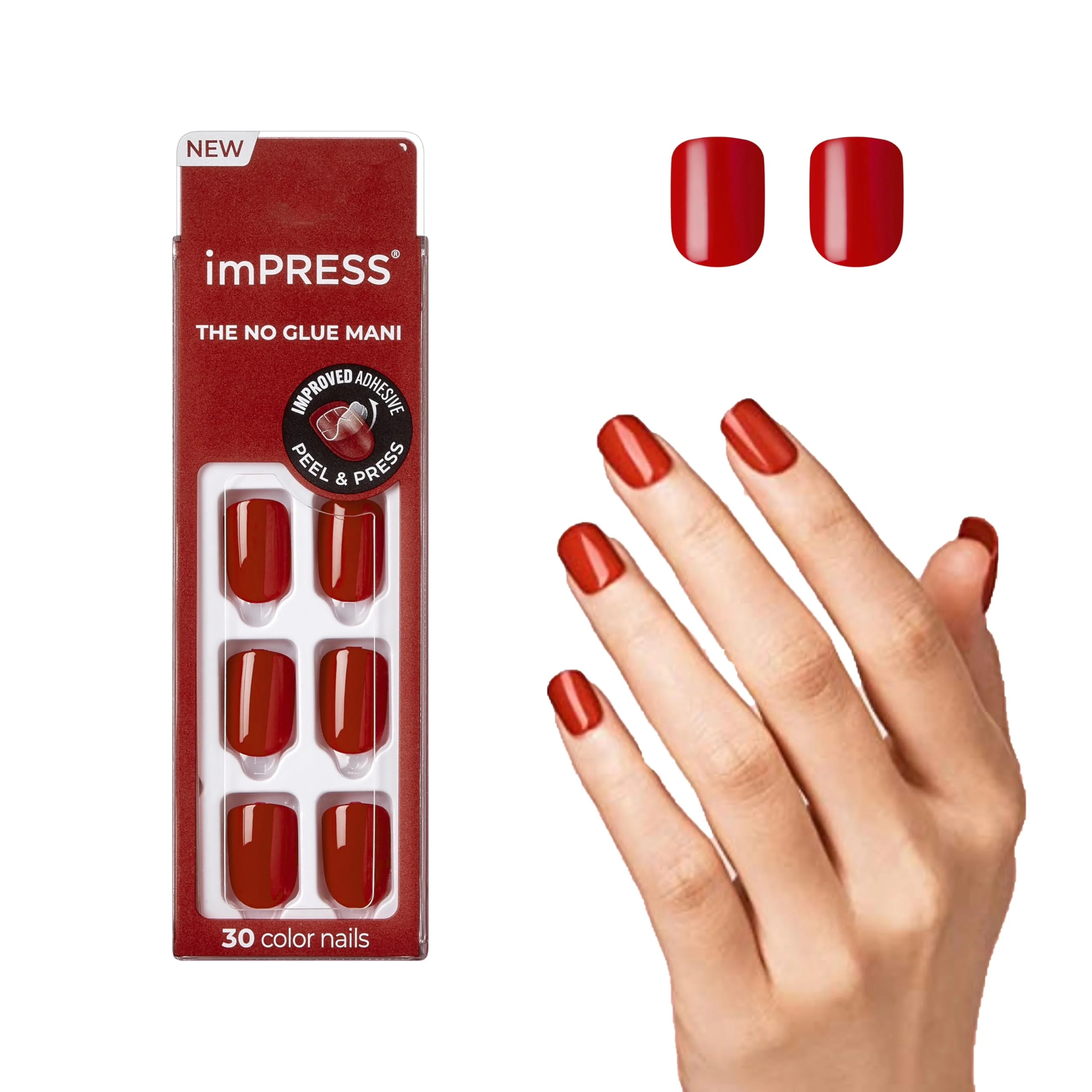 Smart KISS imPRESS Color Polish- Solid Color Press-On Nails PureFit Technology Short Length 'Reddy or Not' Includes Prep Pad Mini Nail File Proven