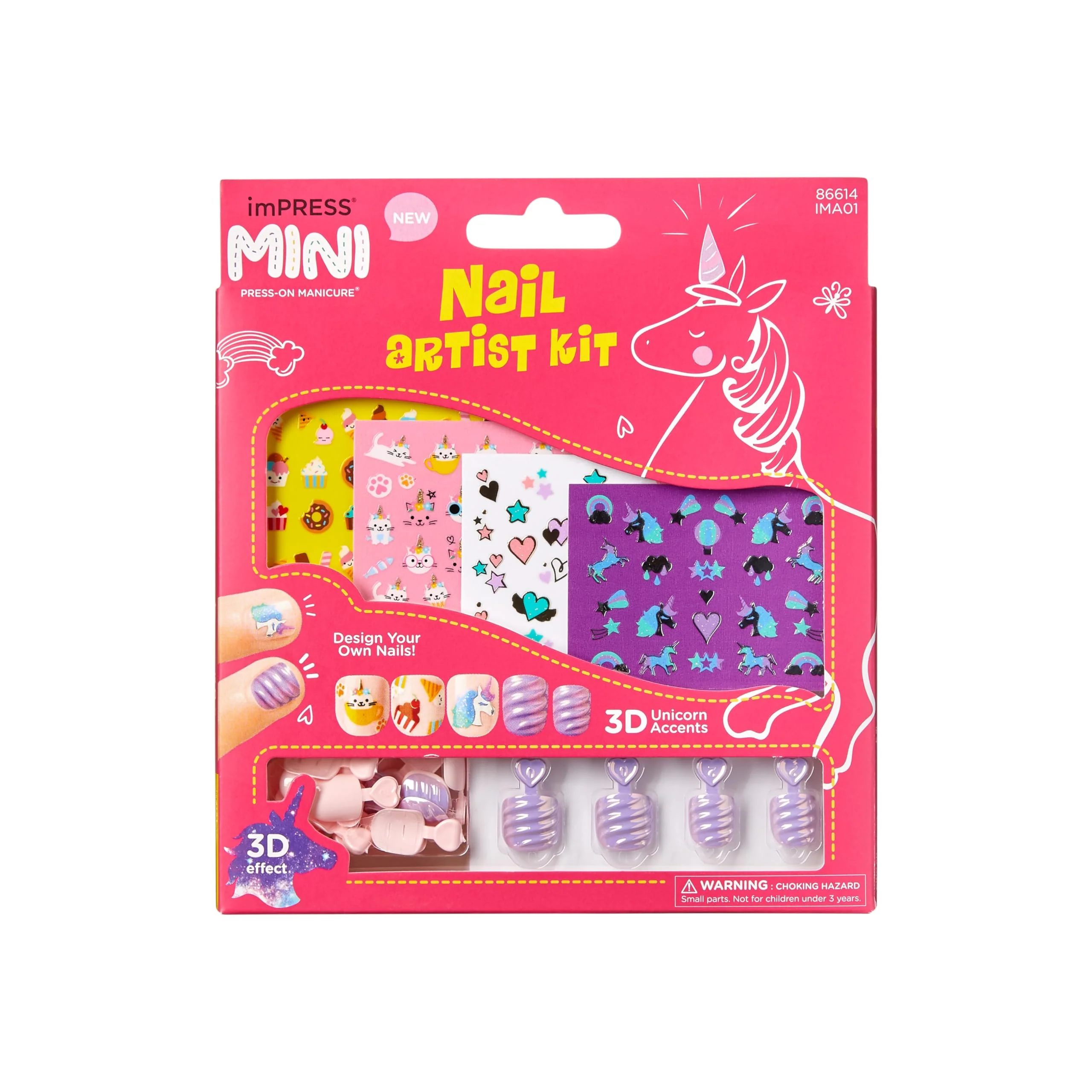 Smooth KISS imPRESS No Glue Mani Press On Nails 'Nail Artist Kit' Pink Kids Size Squoval Shape Includes 26 Nails 4 Sticker Sheets 1 Mini File Easy-to-Use