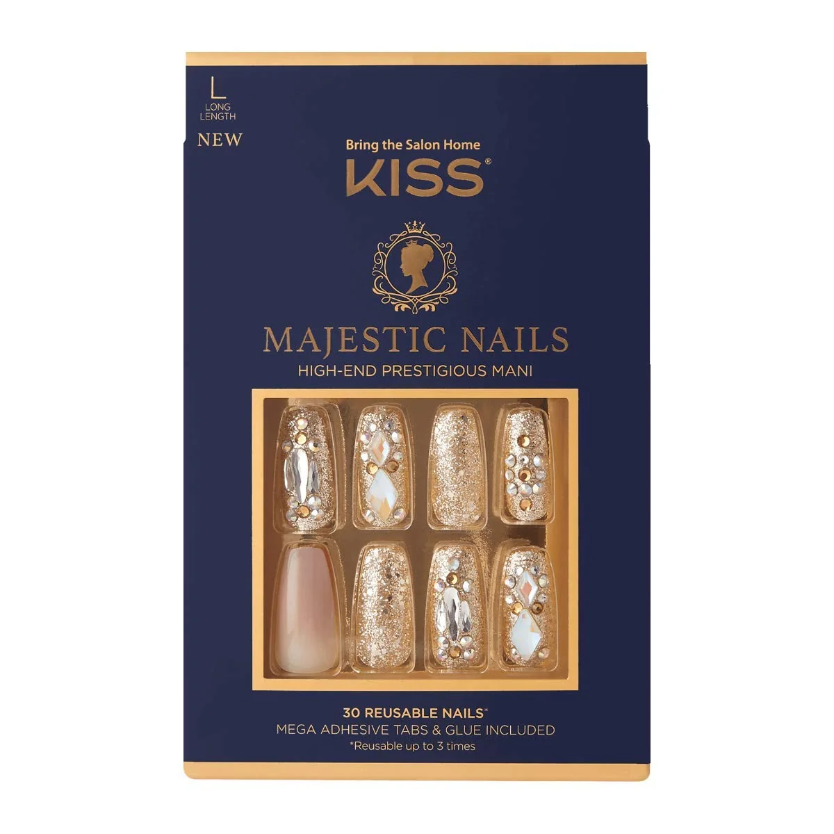 Fine KISS Majestic Fake Nails My Crown High-End Gel Nails 30 Reusable Long Length Coffin Shaped Glue-On Press-On Jeweled Accent Glue On Nails Crafted