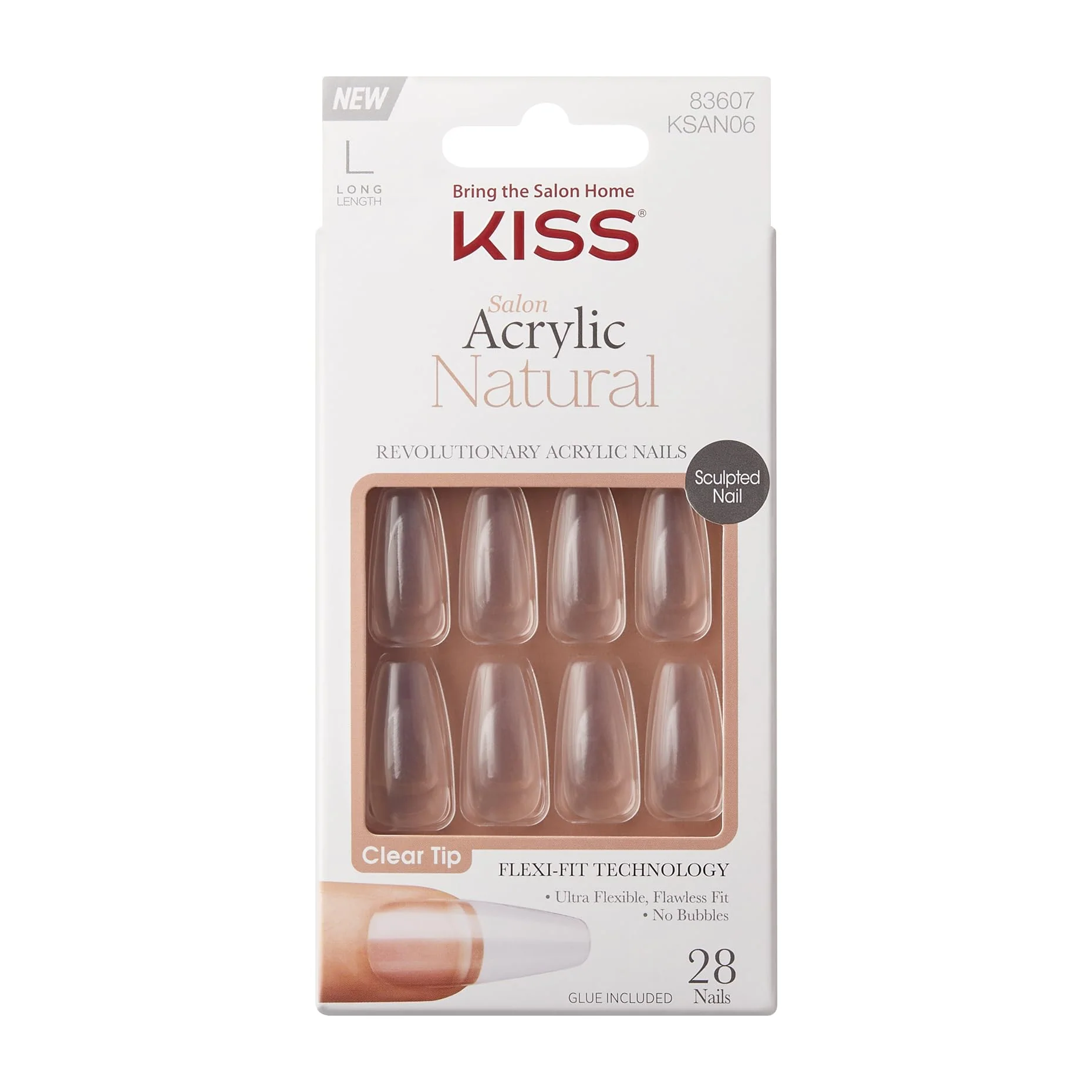 Sophisticated KISS Salon Acrylic Natural Nails Clear Tip Long Ultra-Smooth Finish DIY At-Home Manicure Kit with Pink Gel Nail Glue Mini File Manicure Stick Advanced