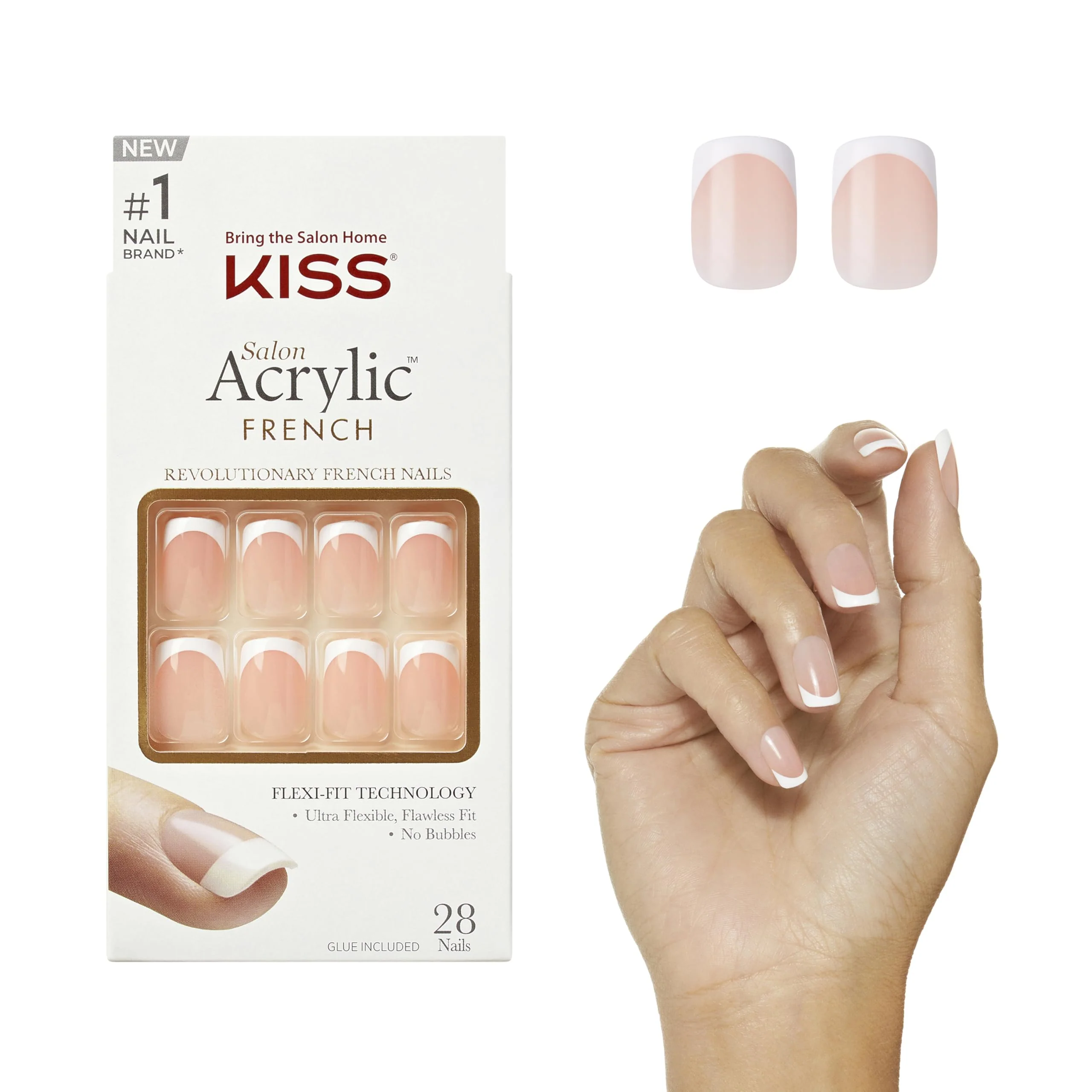 Fashionable KISS Salon Acrylic Press On Nails Nail glue included 'Bonjour' Nude White Short Size Squoval Shape Includes 28 Nails 2g Glue 1 Manicure Top-Quality
