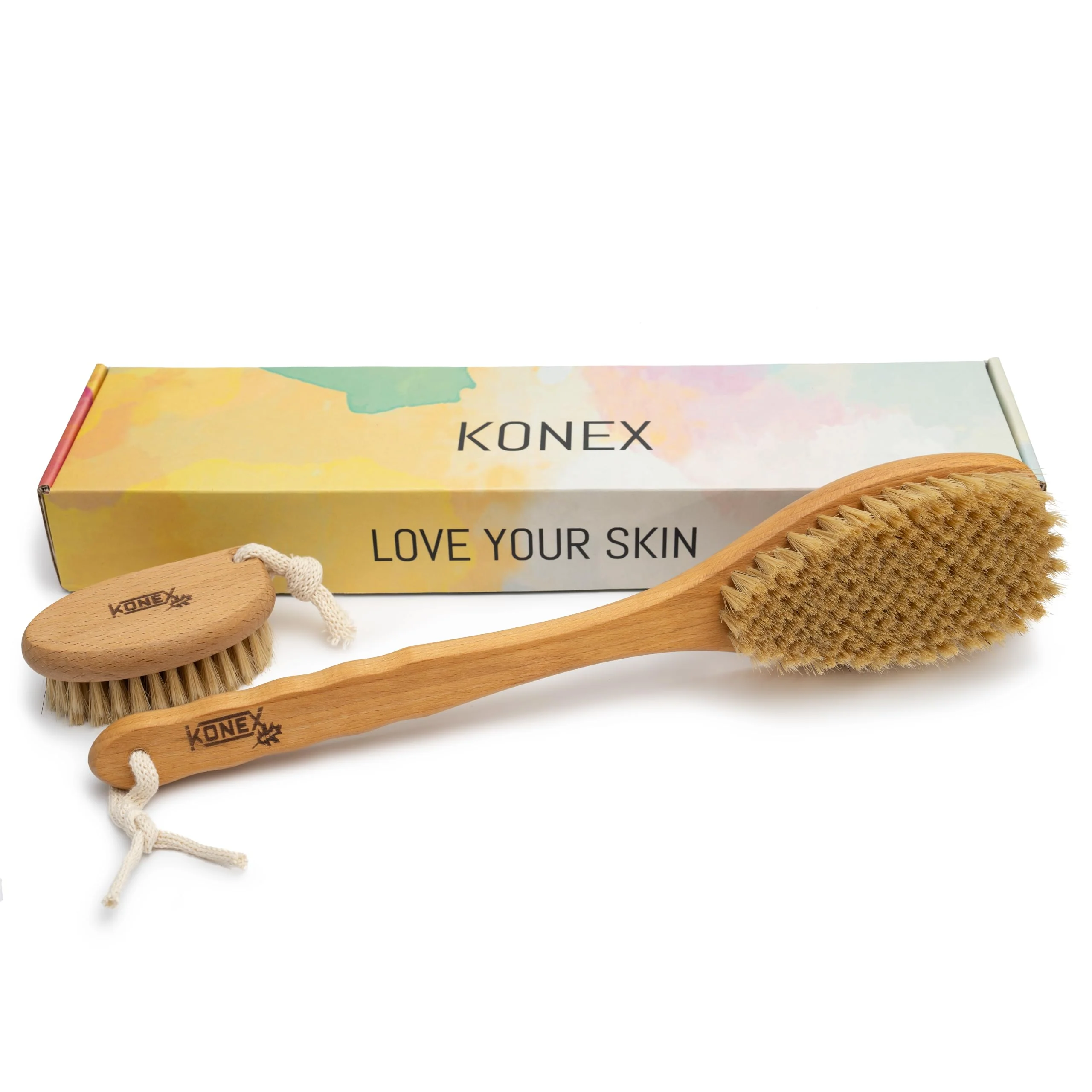 KONEX Bath Brush Set Exfoliating Shower Scrubber Dry Brushing Body Brush Set Pore Opening Beechwood Handle with Natural Bristle Large 15 Plus Quality