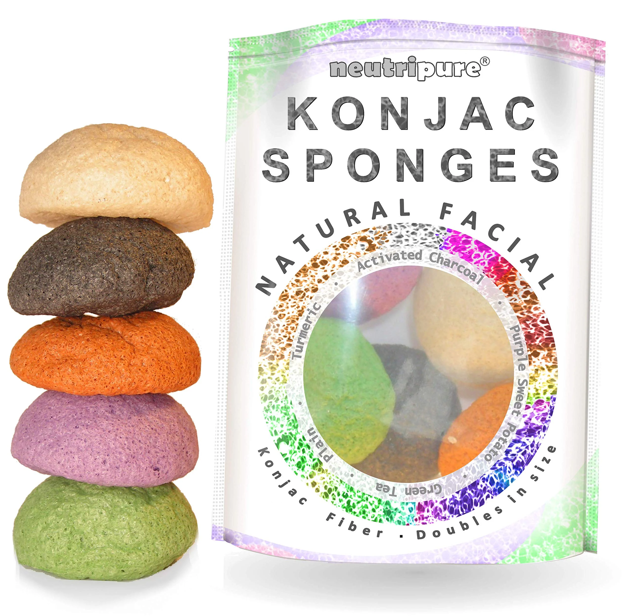 Dependable Konjac Sponge Set Organic Skincare Facial for Natural Exfoliating and Deep Pore Cleansing 5 Piece Sampler Pack Infused with Charcoal Turmeric Green Long-Lasting