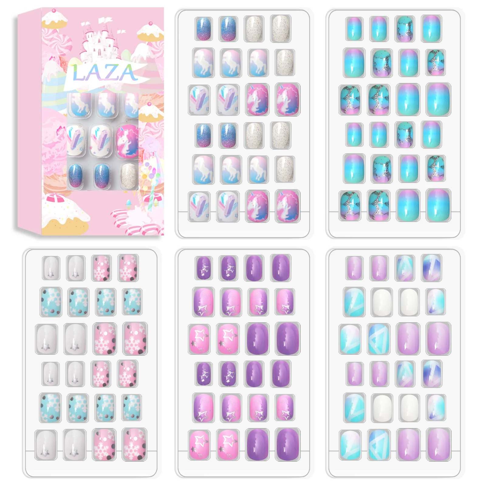 Proven Laza 120pcs Children Nails Press On Pre-glue Full Cover Nail Tips Kit Glitter Gradient Color Rainbow Short Artificial False Nail Kits Lovely Christmas Exclusive