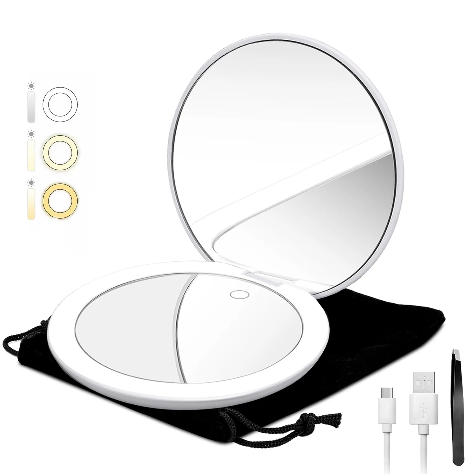 Comfortable LED Lighted Compact Magnifying Travel Makeup Mirror - 5 inches Double Sided 1X 10X Magnification USB Rechargeable 1000mAh Touch Screen 56 High-CRI Selected