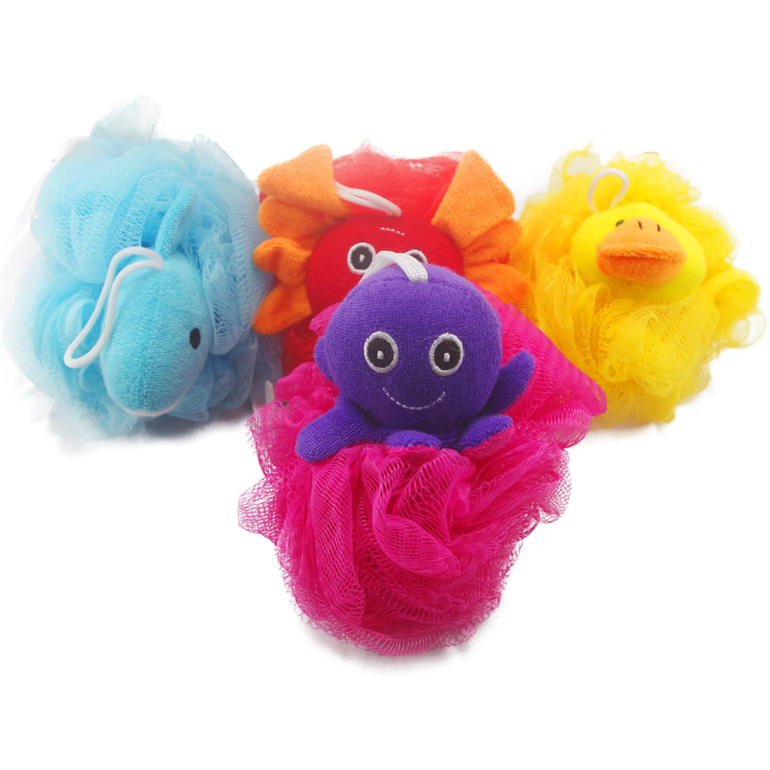 Top-Quality Loofah Exfoliating Shower Stuffed Sponge Pouf Mesh Brush with Animal Design - Bath Spa Puff Scrubber Ball - Body Poof for Man and Woman - Rich Foams High-Quality