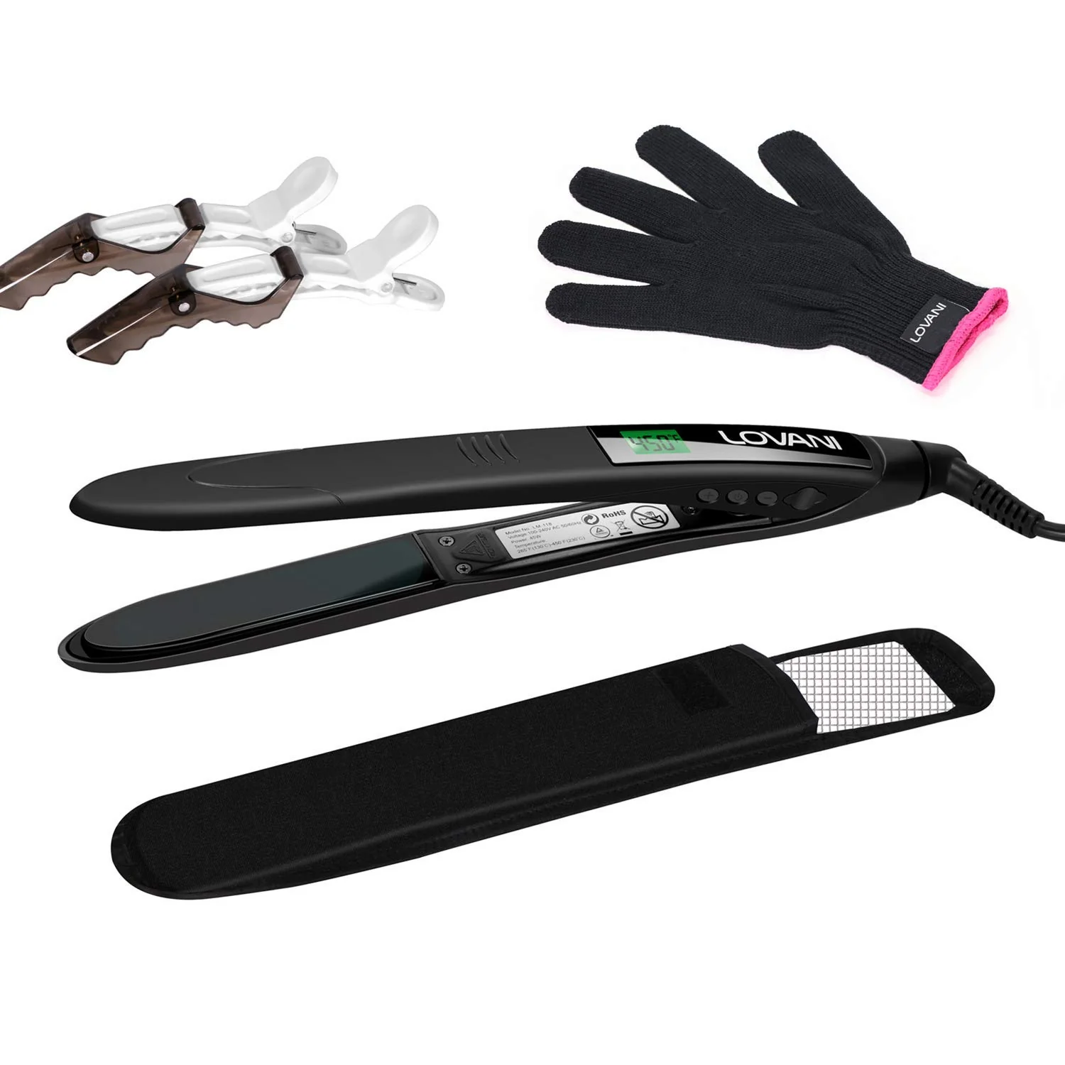 Stylish LOVANI Titanium Flat Iron 450F High Heat Hair Straightener with Digital LCD Dual Voltage Auto Shut Off Heat Resistant Bag Glove and 2 Hair Clips Premium