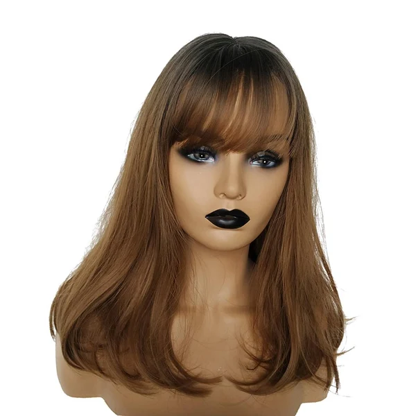 Genuine Max Brown Long Straight Wigs w Bangs for Women Ladies Synthetic Full Hair Wig 16 inch Fashionable