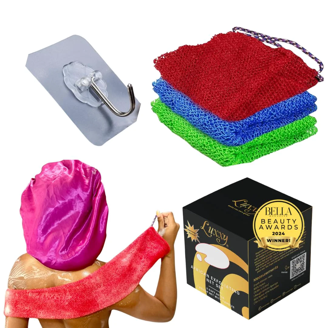 Excellent Luxxy® 3 Pack Set 2 Soft African Exfoliating Nets 1 Rough African Net Sponge with Handles For The Back Neck or Feet Black Women Owned Achieve Authentic