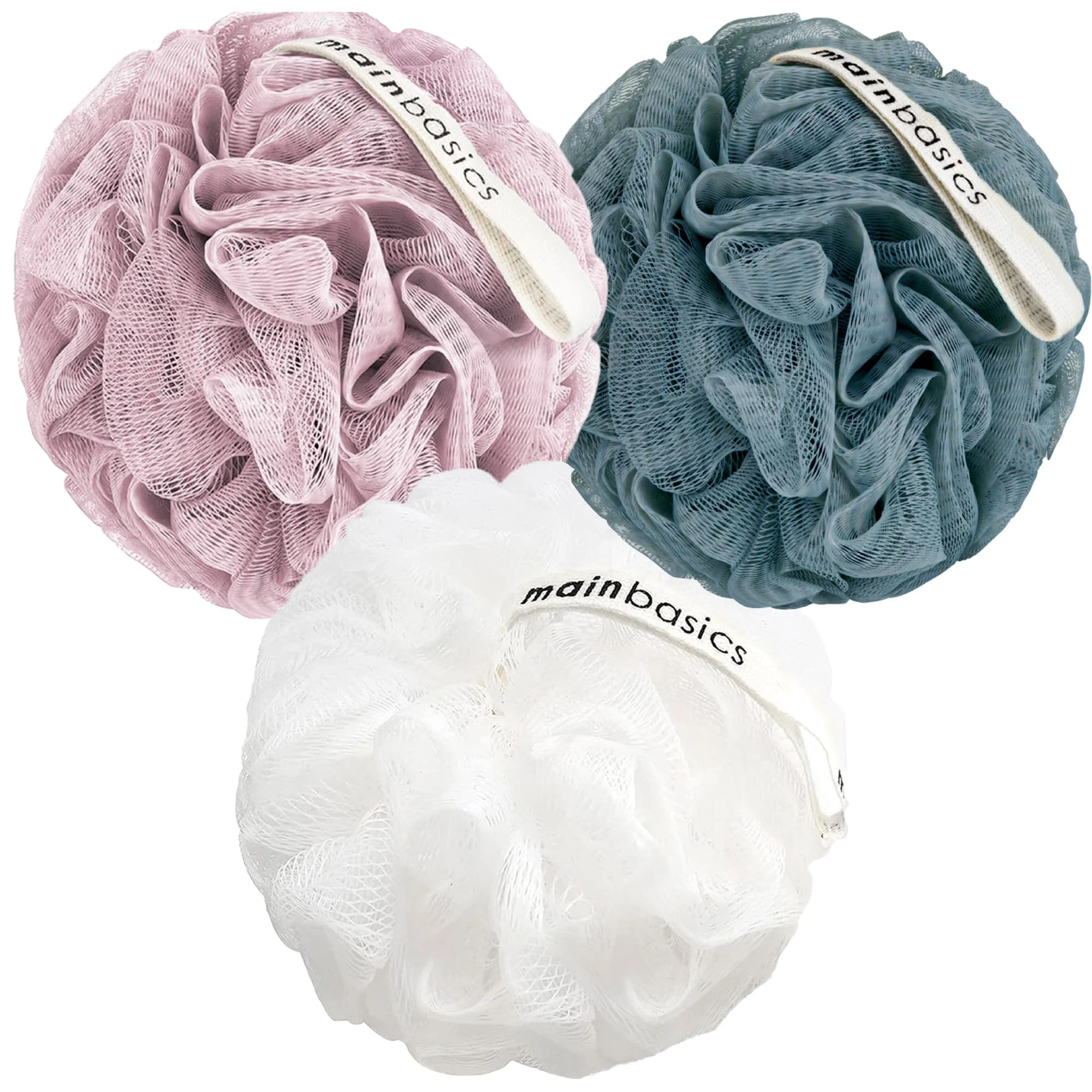 Pure MainBasics Bath Shower Loofah Sponge Pouf Body Scrubber Exfoliator Body Wash Sponge Set of 3 Airy Blossom Quality