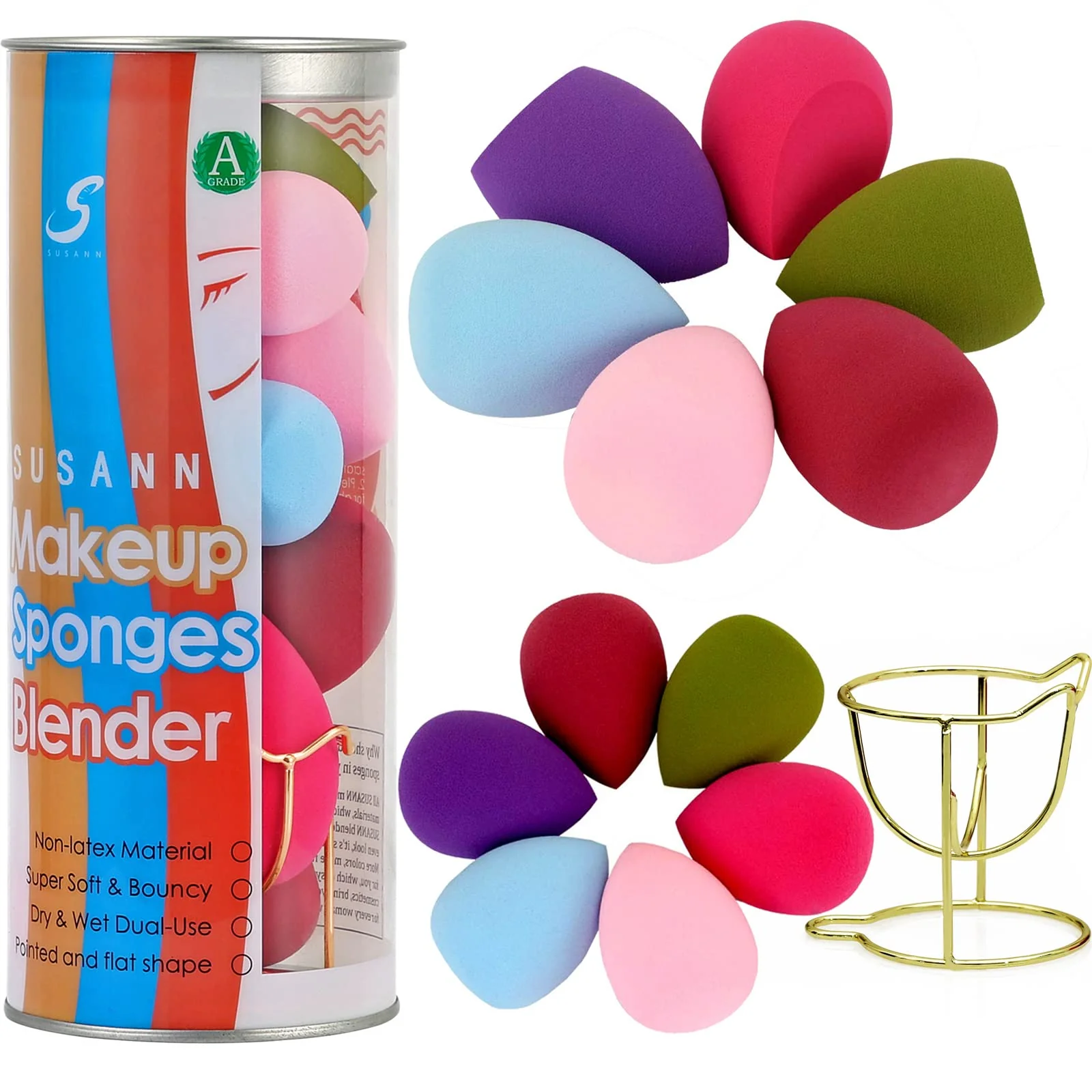 Healthy Makeup Sponge Blender Beauty Sponge Set 12pcs and Beauty Foundation Sponge Blender Holder 1PCS Blending Sponges Cosmetic Puff for Cream Selected